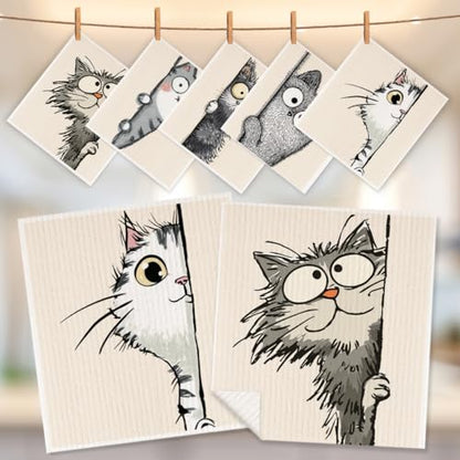 5 Pcs Cartoon Cute Peeking Kitten Swedish Dishcloths, Kitty Swedish Dishcloth, Funny Cat Dish Cloths for Drying Dishes, Reusable Cleaning Cloths, Cat Lover Gifts for Women 7 - color: Lm 03438