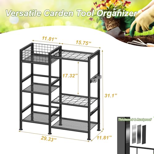 keomaisyto Garden Tool Organizer With Basket - 3 Tier Yard Storage Rack for Garage Organization, Heavy Duty Holder With 35 Long-Handled Slots for Shed, Yard, Garage - size: XL-29.5"W x 12"D x 31.2"H