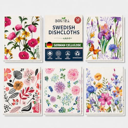 10 PCS Flower Print Swedish Dishcloths for Kitchen 100% Biodegradable, Reusable Cellulose Sponge Cloths Ultra Absorbent, Eco Friendly Cleaning Towels Dishcloths for Washing Dishes & General Cleaning - color: 10 Pcs-flowers Print