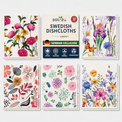 10 PCS Flower Print Swedish Dishcloths for Kitchen 100% Biodegradable, Reusable Cellulose Sponge Cloths Ultra Absorbent, Eco Friendly Cleaning Towels Dishcloths for Washing Dishes & General Cleaning - color: 10 Pcs-flowers Print