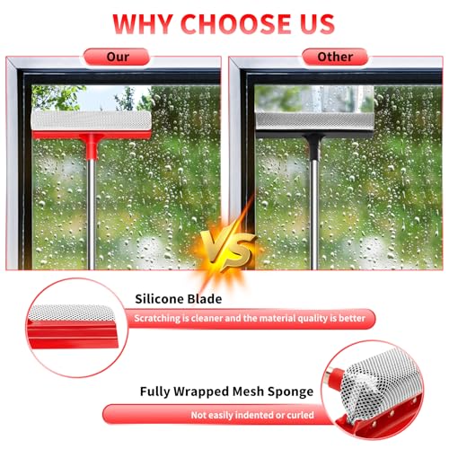 Window Squeegee with 18.5"-28.5" Retractable Handle, 2-in-1 Squeegee for Window Cleaning Tool for Cars, Trucks, Glass Doors, Shower, Outdoor Windows – Window Cleaner (Red)