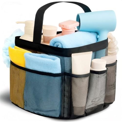 Mesh Shower Caddy Portable for College Dorm Room Essentials for Girls with 9 Pockets,Large-Capacity Shower Basket,Quick Dry Toiletry Tote Bag for Women,Outdoor Gym,Travel,Swim,Beach Camping Essentials - color: Black
