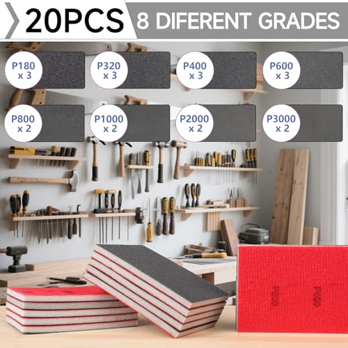 20 Pcs 3 x 4 Inch Sanding Sponge Set, 180-3000 Grit Abrasive Sanding Pads Soft Foam Hand Sander Block Wet Dry Sandpaper for Wood Metal Drywall Furniture Paint Polishing - size: 20pcs Mix Grit, style: Aluminum