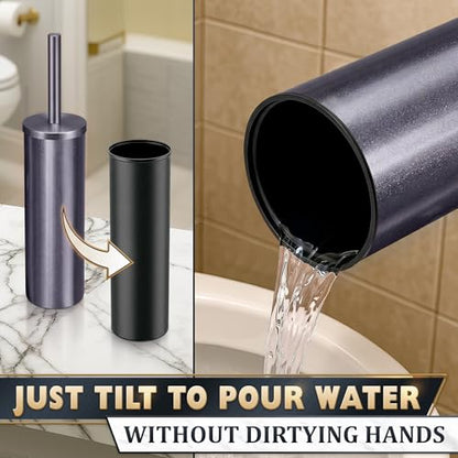 Graphite Metallic Stainless Steel Toilet Brush and Holder Set - Toilet Bowl Brush and Holder with Splash Cover, Sturdy Bristles, Corrosion & Scratch Resistant - Elegant Design, Effective Deep Cleaning - color: Graphite