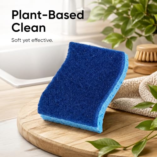 Superio Non-Scratch Cellulose Sponge Kitchen Scrub Sponges with Scouring Pad Set, Good for Non-Stick Cookware Frying Pan, Pot, Counter Top, Sink Scrubbing, Kitchen Scrubbers, Pack of 1, Blue - color: Blue, size: 1-pack