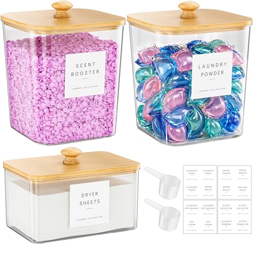 Moforoco 2+1 Pack Bamboo Laundry Pods Container, Clear Laundry Room Organization Containers,Large Laundry Detergent Powder Storage Containers Lids & Labels, for Scent Booster - color: Bamboo, size: 2+1 pack