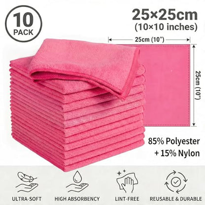 Microfiber Cleaning Cloth 10 Pack, 9.8 x 9.8 Inch Towels, Ultra Absorbent & Lint-Free, Streak-Free Rags for Car, Kitchen, Window & Household, Reusable Washable Cleaning Cloths (Pink) - color: Pink