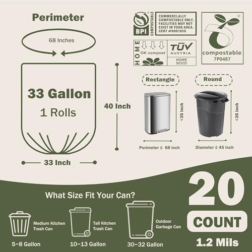 Compost Bags 33 Gallon 125 Liter Extra Thick 1.2 Mils Compostable Food Scrap Waste Bags with US BPI ASTM D6400 and Europe OK Compost Home Certified 20 Counts - style: 33 Gallon