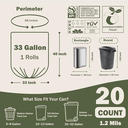 Compost Bags 33 Gallon 125 Liter Extra Thick 1.2 Mils Compostable Food Scrap Waste Bags with US BPI ASTM D6400 and Europe OK Compost Home Certified 20 Counts - style: 33 Gallon