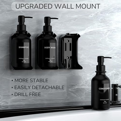 Modern Shampoo and Conditioner Dispenser - Shower Soap Dispenser Wall Mounted - 16 oz Set of 3 Plastic Black Bottles with Black Pumps - Stylish Shampoo Dispenser, Shower Dispenser 3 Chamber No Drill - color: Black