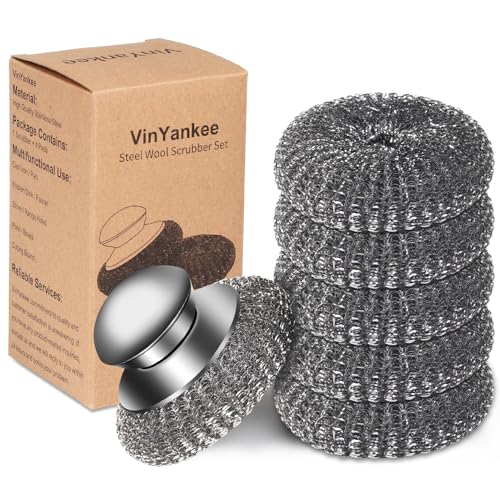 6Pcs Steel Wool Scrubber with Replacement Wire Pads Set, Stainless Steel Scrubber with Handle for Scouring Stubborn Messes from Cast Iron, Pots, Pans, Grill, Stoves, Sink(1 Scrubber+5 Pads)