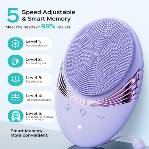 COSLUS FBS01 Facial Cleansing Brush Face Scrubber, Compact for Travel | Rechargeable, Gentle Silicone, 5 Cleansing Modes, Deep Cleaning for Men & Women, Removing Blackhead Exfoliating,Purple - color: Purple
