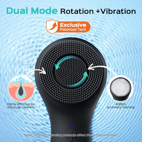 COSLUS FBS03 Face Scrubber Facial Cleansing Brush: 2 in 1 Spin and Vibration Patented, Silicone Electric Exfoliator Scrubber with Automatic Foaming, Waterproof Face Cleanser Brush for Men and Women - color: Black
