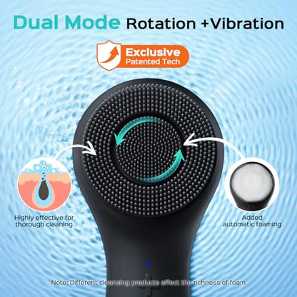 COSLUS FBS03 Face Scrubber Facial Cleansing Brush: 2 in 1 Spin and Vibration Patented, Silicone Electric Exfoliator Scrubber with Automatic Foaming, Waterproof Face Cleanser Brush for Men and Women - color: Black