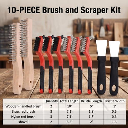10-Piece Wire Brush Set - Heavy Duty Scratch Brushes with Stainless Steel & Nylon Bristles, Includes 2 Wood Handle Brushes and 2 Metal Scrapers for Welding Slag, Paint & BBQ - size: 10Pcs-Wire