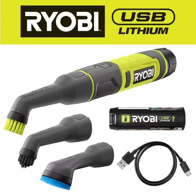 RYOBI USB Lithium Cordless Compact Detail Scrubber KIT W/ 2AH Battery, Charging Cable and 3