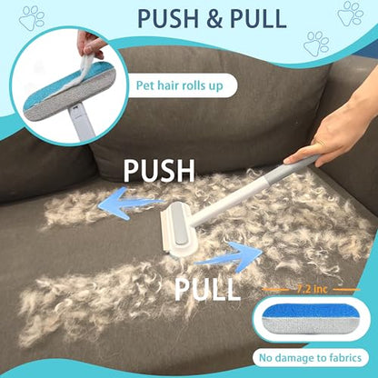 Pet Hair Remover for Furniture & Couch – 17.3 Inch Reusable Dog & Cat Hair Brush, Washable Lint Cleaner for Carpet, Clothes & Bedding, 4-in-1 Multifunctional Fur Removal Tool with Long Handle