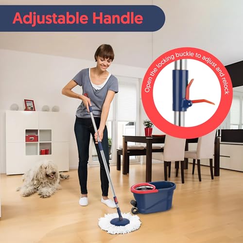 Spin Mop and Bucket with Wringer Set, 360° Rotating Microfiber Mop, Adjustable Handle, Hands-Free Wringing, Reusable Mop Heads (Red mop and Bucket + 5 mop Head) - color: Red Mop and Bucket + 5 Mop Head