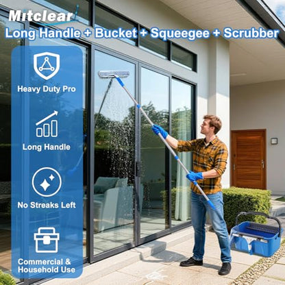 Mitclear Professional Window Cleaning Kit with Bucket 3 Gallon, 14" Window Squeegee Microfiber Scrubber with 77" Long Handle, Window Washing Equipment Cleaner Tools for Home Outdoor Car Commercial Use - style: Window Cleaning Kit with Poles