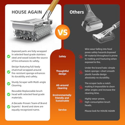HOUSE AGAIN Grill Brush Bristle Free, Stainless Steel Food-Grade Brush Head with Scraper, Safe Steam BBQ Outdoor Grill Cleaning Brush Barbecue Grill Cleaner Non Wire for Grill Grate/Long Wood Handle - style: Natural Wood