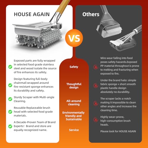 HOUSE AGAIN Grill Brush and Scraper Bristle Free with 3 Replacement Head 304 Stainless Steel Food-Grade Grill Accessories, Safe BBQ Cleaner Brush Strong Barbecue Cleaning Brush for Outdoor Grill Grate - style: Wood+3 replacement head