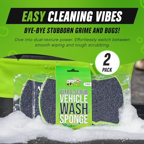 Grip Clean Dual Texture Car Wash Sponge - Multi Purpose Bug Remover Scrubbing Side Soft Sea Sponge - Ultra Scrub Car Cleaning Sponges Wash Bucket Accessory - 2 Pack