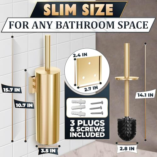 Gold Toilet Brush and Holder Set with Wall Mount - Modern Wall Mounted Toilet Brush Made from Corrosion-Resistant Stainless Steel - Removable Inner Bowl, Splash Protection & Dense Bristles Supplied - color: Gold Wall-mounted