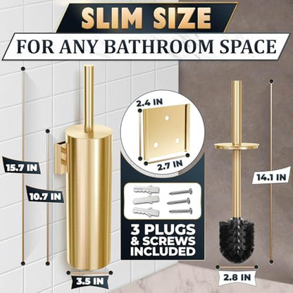 Gold Toilet Brush and Holder Set with Wall Mount - Modern Wall Mounted Toilet Brush Made from Corrosion-Resistant Stainless Steel - Removable Inner Bowl, Splash Protection & Dense Bristles Supplied - color: Gold Wall-mounted