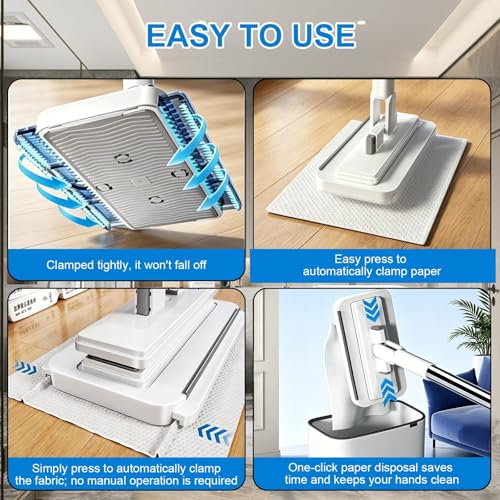 Snap Grip Mini Mop, Hands Free Flat Mop with 135cm Long Handle & Upgraded Water Squeegee – Zero-Touch Cloth Change Compatible with Face Towels, Wet/Dry for Hardwood, Tile, Corners