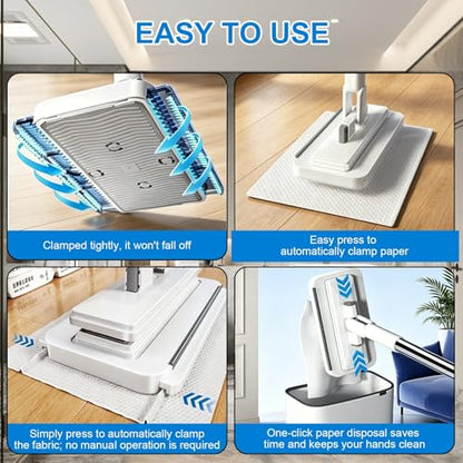 Snap Grip Mini Mop, Hands Free Flat Mop with 135cm Long Handle & Upgraded Water Squeegee – Zero-Touch Cloth Change Compatible with Face Towels, Wet/Dry for Hardwood, Tile, Corners