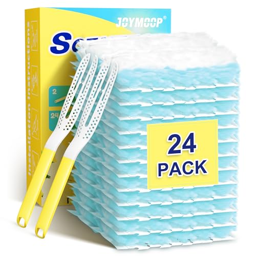 JOYMOOP Disposable Duster for Cleaning, with 2 Handles & 24 Ct Blue Heavy Duty Refills for Swiffer Feather Duster, Household Cleaning Tool for Electronics, Dusting Furniture, Blinds, Pet Hair - color: Yellow Handle With Blue Refills, size: 2 Duster Handle