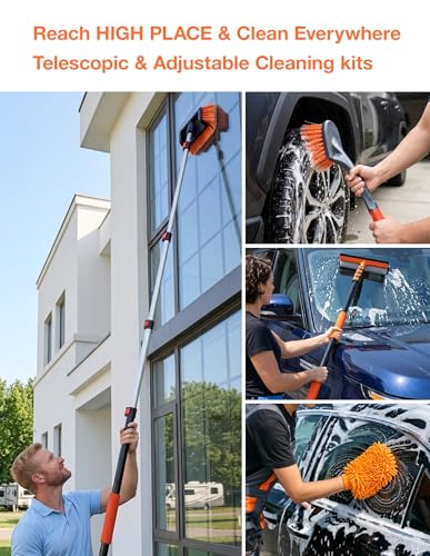 Car Washing Kits with 12 FT Telescoping Pole, Cleaning Chenille Mop, Soft Bristles Wash Brush, Window Squeegee, Waterproof Glove, Wheel Brush Extension Wash Detailing for RV, Truck, Boat, House Siding