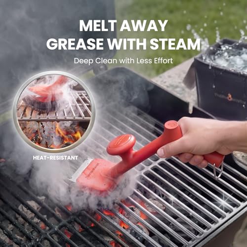 ThermoMaven BBQ Grill Brush Bristle Free - 17" Safe Steam Grill Cleaner Brush with Scraper and 5 Brush Heads for Porcelain/Gas/Charcoal Grill Outdoor Grill Barbecue Cleaner - size: Red 5pcs-Medium