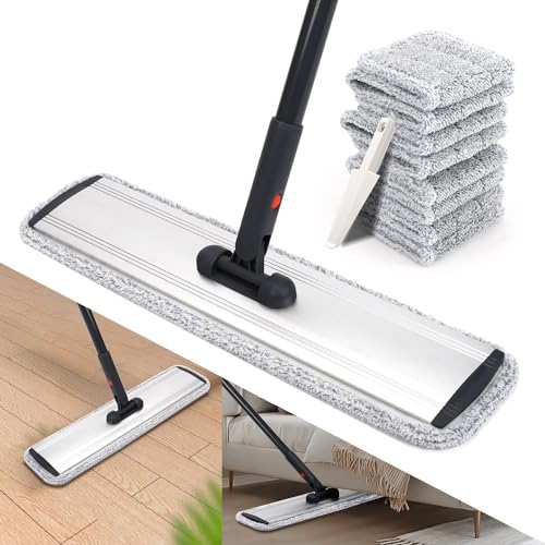 18 Professional Microfiber Mop Large Flat Mops for Floor Cleaning 4 Reusable Washable mop Pads Hardwood Cleaning System Wet and Dust Mop with 61in Long Stainless Steel Handle - size: 18 inches