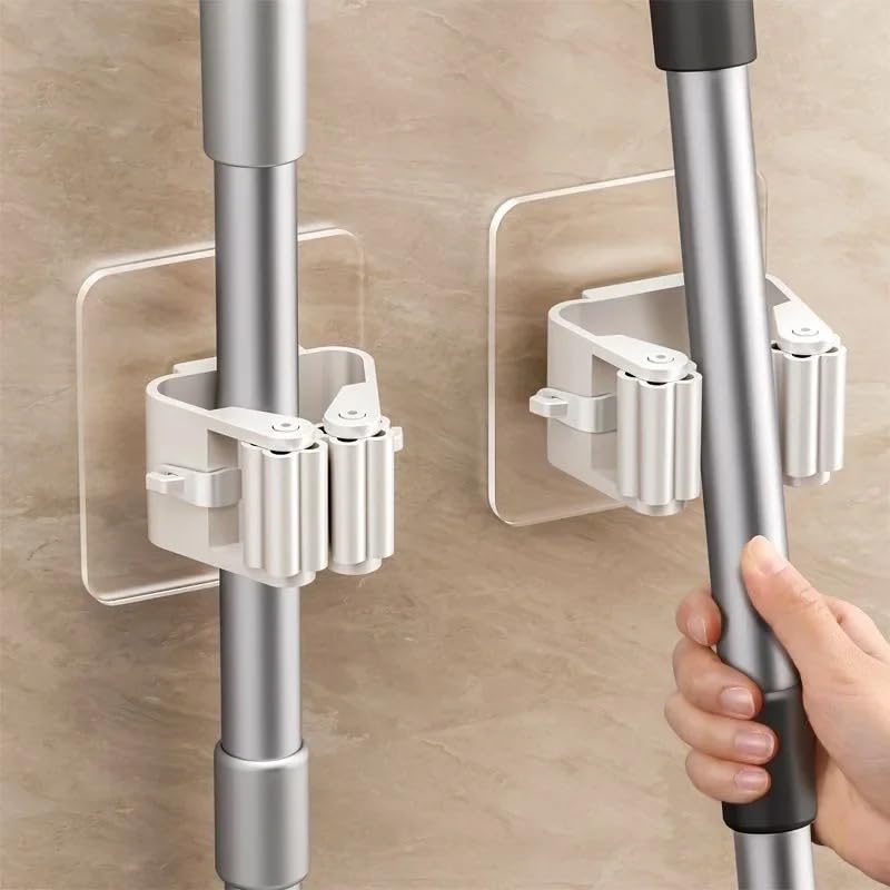 Wall-Mounted Mop Rack Suction Traceless Mop Clips 2/4 Pack Broom Hangers Waterproof Design for Bathroom Kitchen Storage, 2Pcs