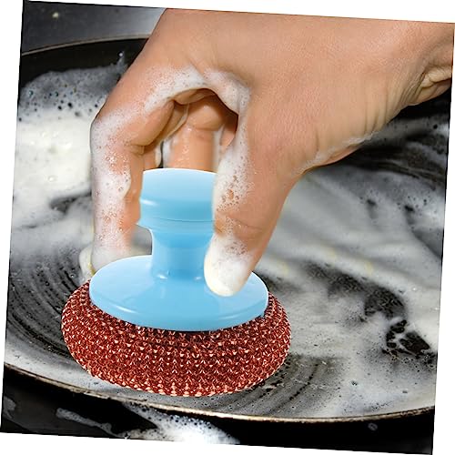 FRCOLOR 5-Piece Metal Scrubber Set with Short Handle Random Color for Pot and Pan Cleaning Heavy Duty Dish Cleaning Brush Kitchen Scouring Tool