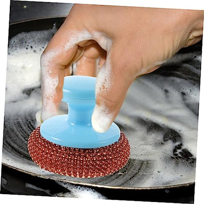 FRCOLOR 5-Piece Metal Scrubber Set with Short Handle Random Color for Pot and Pan Cleaning Heavy Duty Dish Cleaning Brush Kitchen Scouring Tool