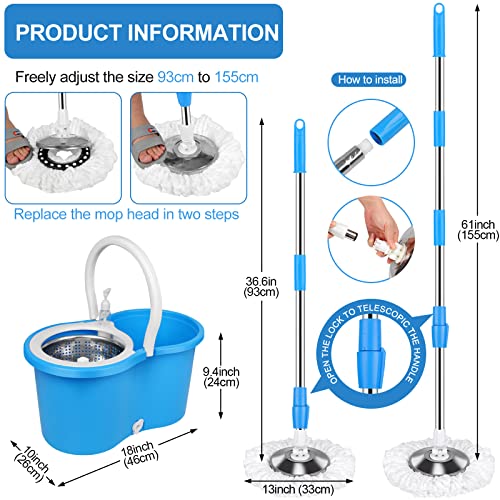 Mop and Bucket with Wringer Set, Separate Dirty Water with 3 Microfiber Replacement Mop Head Refills, 61" Stainless Steel Adjustable Handle for Floor Cleaning, (Mop Bucket 20QT) - color: Blue