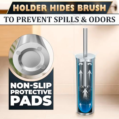 Stainless Steel Toilet Brush and Holder Set - Free-Standing Toilet Bowl Brush and Holder with Removable Inner Bowl, Splash Cover, Sturdy Bristles, Corrosion & Scratch Resistant - Modern Toilet Design - color: Silver