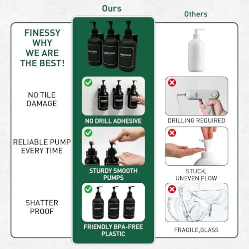 Matte Black Shampoo and Conditioner Dispenser 3 Chamber Set– No Drill Wall Mounted, Shower Soap Pump Bottles, Refillable Bathroom Body Wash Dispensers with Waterproof Labels