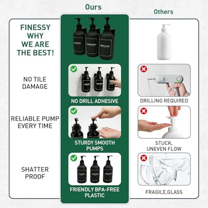 Matte Black Shampoo and Conditioner Dispenser 3 Chamber Set– No Drill Wall Mounted, Shower Soap Pump Bottles, Refillable Bathroom Body Wash Dispensers with Waterproof Labels