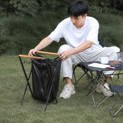 Metal Folding Trash Bag Holder with Wooden Handles, Portable Rubbish Stand for 30-45 Gallon Bags, Heavy Duty Refuse Sack Frame Garbage Holder for Garden Waste, Camping and RV