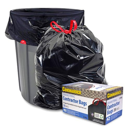 Commander 42 Gallon 2 MIL Black Heavy Duty Trash Bags - 34" x 38" - Pack of 28 - For Home, Kitchen, Lawn, Outdoor, Construction, & Contractor