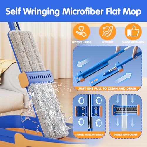 16.5" Self Wringing Flat Mop and Collapsible Bucket Set - Hands-Free Wet & Dry Microfiber Mop with Built-in Squeegee & 5 Washable Pads - Floor Cleaner for Hardwood, Laminate, and Tile - size: Mop & 5 microfiber mop pads & collapsible bucket