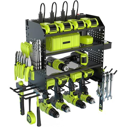 Heavy Duty Power Tool Organizer Wall Mount with Charging Station, 4 Layer Garage Storage Adjustable Shelves Height, Holds 4 Drills, 2 Hooks, Screw & Screwdriver box, Gifts for Fathers Day, Anniversary - color: Black