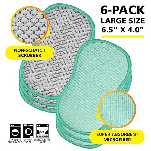 Soft-Scrub by Tuff-Scrub Scrub-N-Wipe Pad, Large, 6-Pack, Microfiber, Multi-Surface, Non-Scratch, Dual-Sided, Scrubber for Dishes, Sinks, Non-Stick Cookware, Machine Washable, Kitchen Sponge