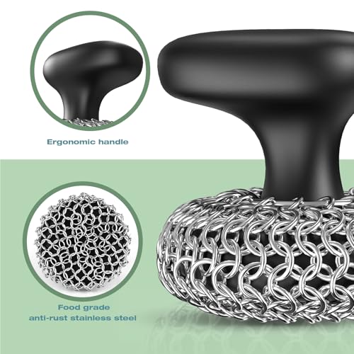 Cast Iron Scrubber | Dish Scrub Brush | 316 Cleaner Chainmail Scrubber for Cast Iron Pan Skillet Cleaner - Dish Scouring Pad Dishwasher Safe Cleaning Kit, Black 02 - color: Black