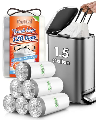 1.5 Gallon 120 Counts Mini Strong Drawstring Trash Bags Garbage Bags by RayPard, Small Plastic Bags fit 4.5-6L Trash Can for Home Office Kitchen Bathroom Bedroom, White Waste Basket Liners - style: 120-1.5 Gallon-White