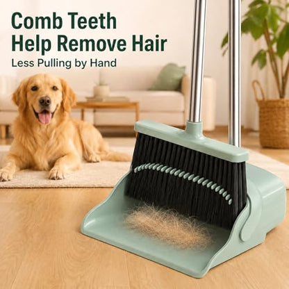 Broom and Dustpan Set, 52-Inch Adjustable Long Handle with Self-Cleaning Comb Teeth, Flexible TPR Lip and Foot-Assisted Fold-Up Dustpan for Pet Hair, Dust, Crumbs and Hard Floors, Green - color: Green