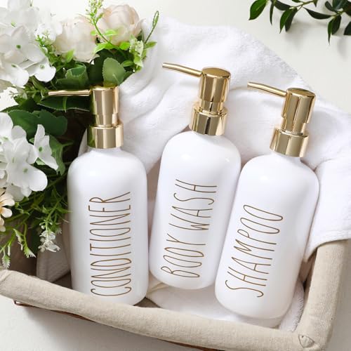 HOMCDALY Shampoo and Conditioner Dispenser Set of 3, 21oz Shower Soap Bottles with Pump, Refillable Shampoo Conditioner Body Wash Dispenser, Bathroom Shower Shampoo Bottles, Shampoo Container(P-Gold) - color: Gold-21oz